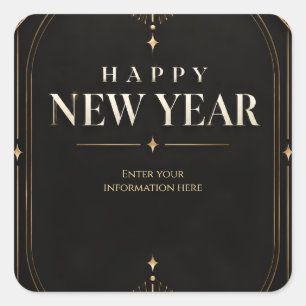 Elegant Black and Gold Geometric Happy New Year Square Sticker