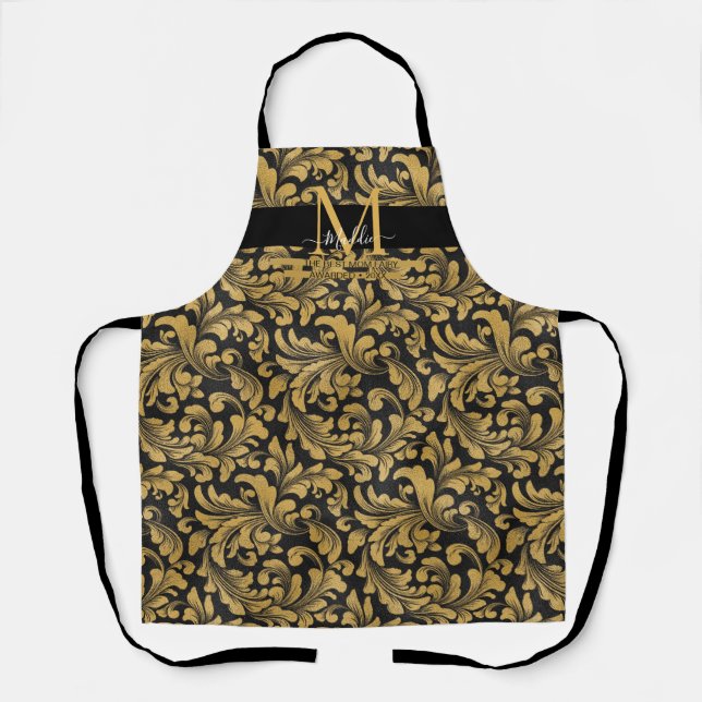 Elegant Black and Gold glam custom Monogram  Apron (Front)