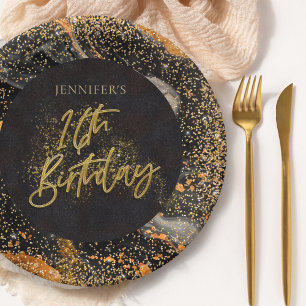 Elegant Black and Gold Glitter 16th Birthday Party Paper Plate