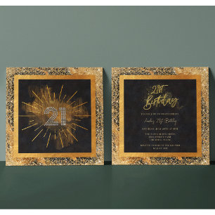 Elegant Black and Gold Glitter 21st Birthday Party Invitation