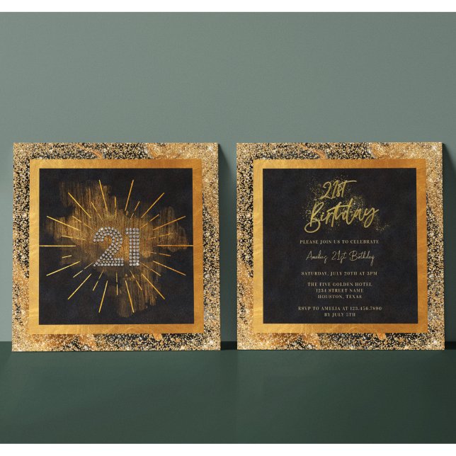 Elegant Black and Gold Glitter 21st Birthday Party Invitation (Creator Uploaded)