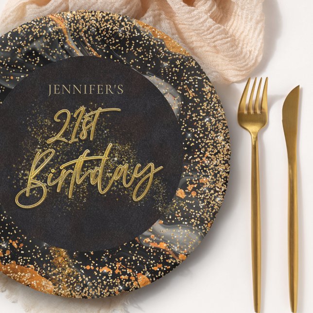 Elegant Black and Gold Glitter 21st Birthday Party Paper Plate (Creator Uploaded)
