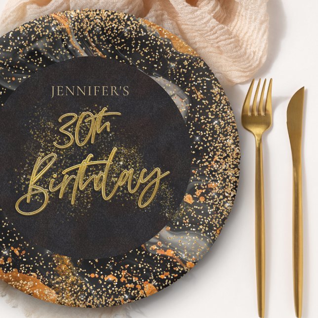 Elegant Black and Gold Glitter 30th Birthday Party Paper Plate (Creator Uploaded)