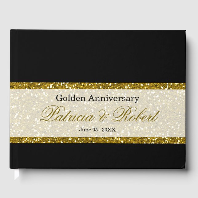 Elegant Black And Gold Glitter  50th Anniversary Guest Book (Front)