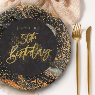 Elegant Black and Gold Glitter 50th Birthday Party Paper Plate