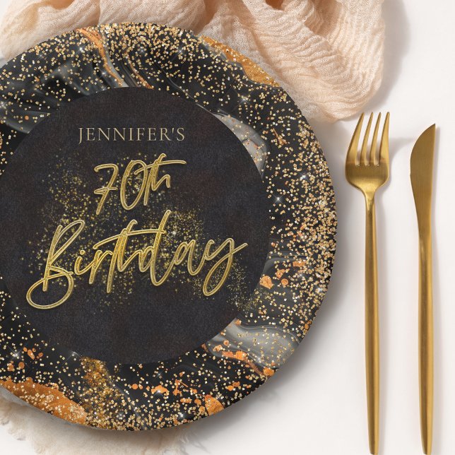 Elegant Black and Gold Glitter 70th Birthday Party Paper Plate (Creator Uploaded)