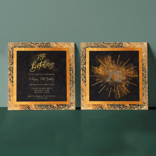 Elegant Black and Gold Glitter 75th Birthday Party Invitation