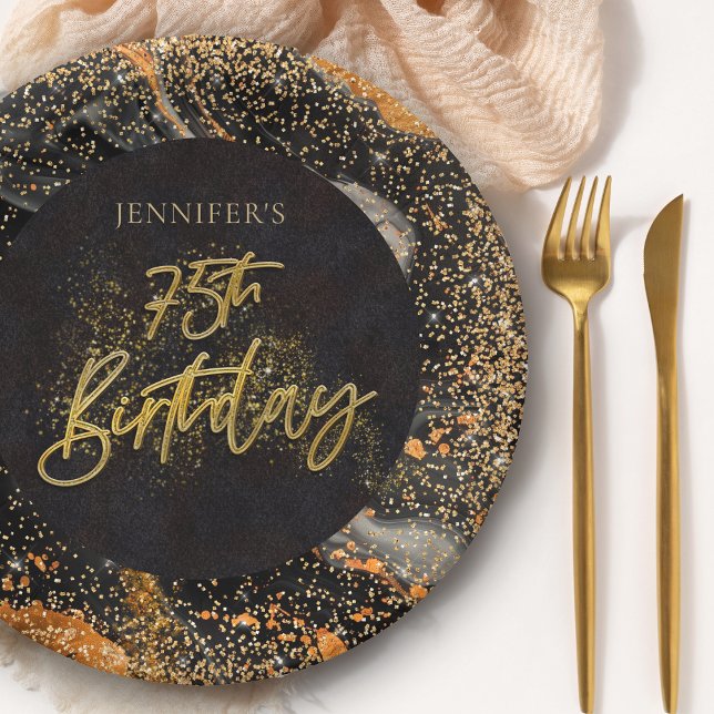 Elegant Black and Gold Glitter 75th Birthday Party Paper Plate (Creator Uploaded)