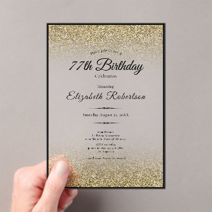 Elegant Black and Gold Glitter 77th Birthday Acrylic Invitations