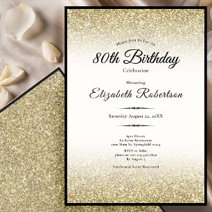 Elegant Black and Gold Glitter 80th Birthday Invitation