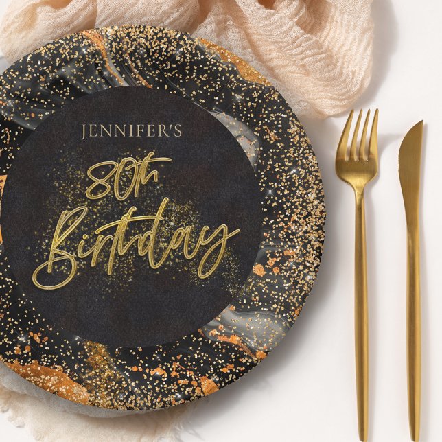 Elegant Black and Gold Glitter 80th Birthday Party Paper Plate (Creator Uploaded)