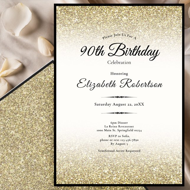 Elegant Black and Gold Glitter 90th Birthday  Invitation (Creator Uploaded)