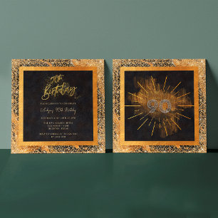 Elegant Black and Gold Glitter 90th Birthday Party Invitation
