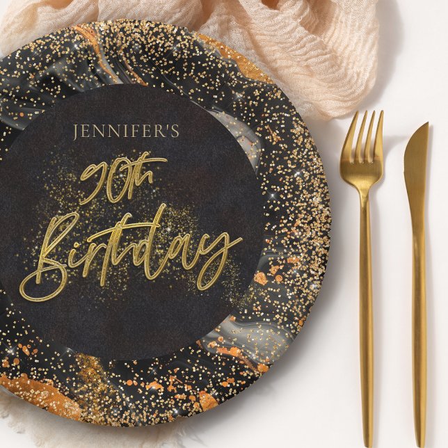 Elegant Black and Gold Glitter 90th Birthday Party Paper Plate (Creator Uploaded)