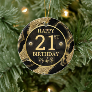Elegant Black and Gold Glitter Agate Birthday Ceramic Ornament