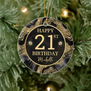 Elegant Black and Gold Glitter Agate Birthday Ceramic Ornament