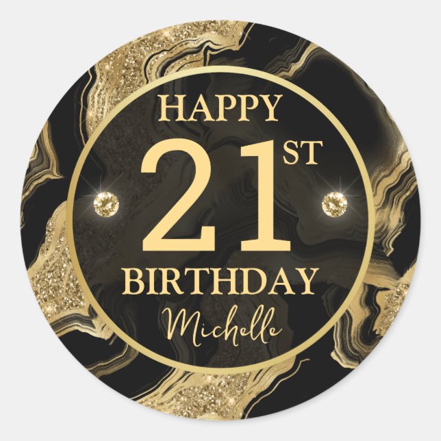 Elegant Black and Gold Glitter Agate Birthday Classic Round Sticker (Front)