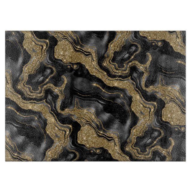 Elegant Black and Gold Glitter Agate Pattern Cutting Board (Front)
