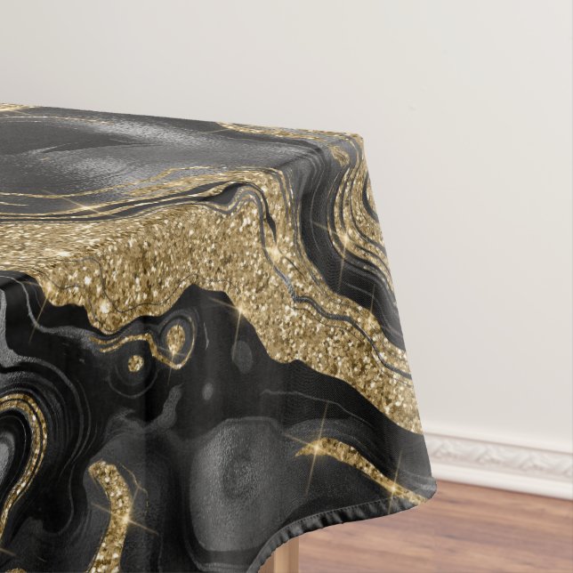 Elegant Black and Gold Glitter Agate Pattern Tablecloth (In Situ)