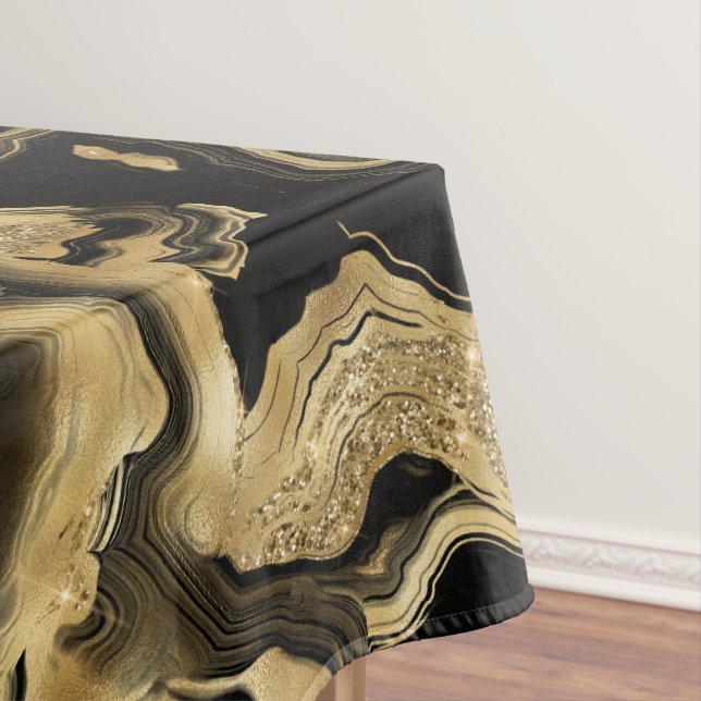 Elegant Black and Gold Glitter Agate Pattern Tablecloth (In Situ)