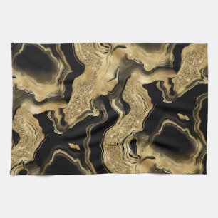 Elegant Black and Gold Glitter Agate Pattern Tea Towel