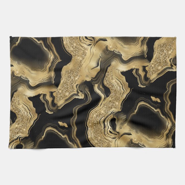 Elegant Black and Gold Glitter Agate Pattern Tea Towel (Horizontal)