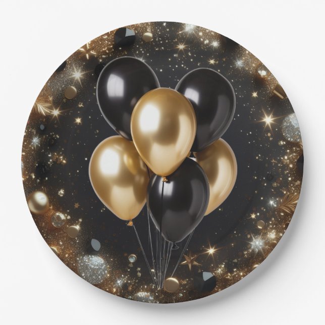 Elegant Black and Gold Glitter Balloon Birthday Paper Plate (Front)