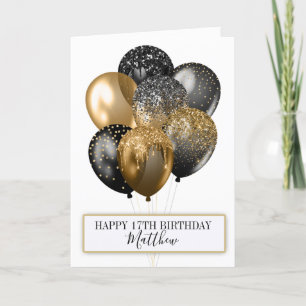 Elegant Black and Gold Glitter Balloons Birthday Card