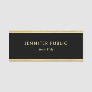 Elegant Black And Gold Glitter Custom Rectangle Name Tag