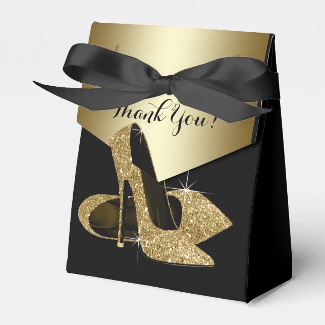 Elegant Black and Gold Glitter High Heel Shoe Favour Box (Front Side)