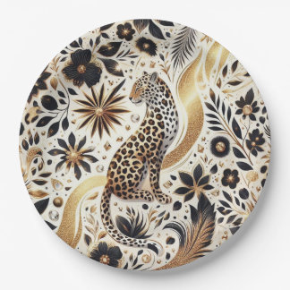 Elegant black and gold glitter Leopard  Paper Plate