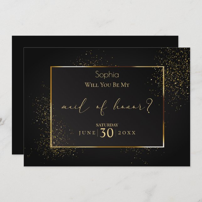 Elegant Black and Gold Glitter Maid of Honour Invitation (Front/Back)