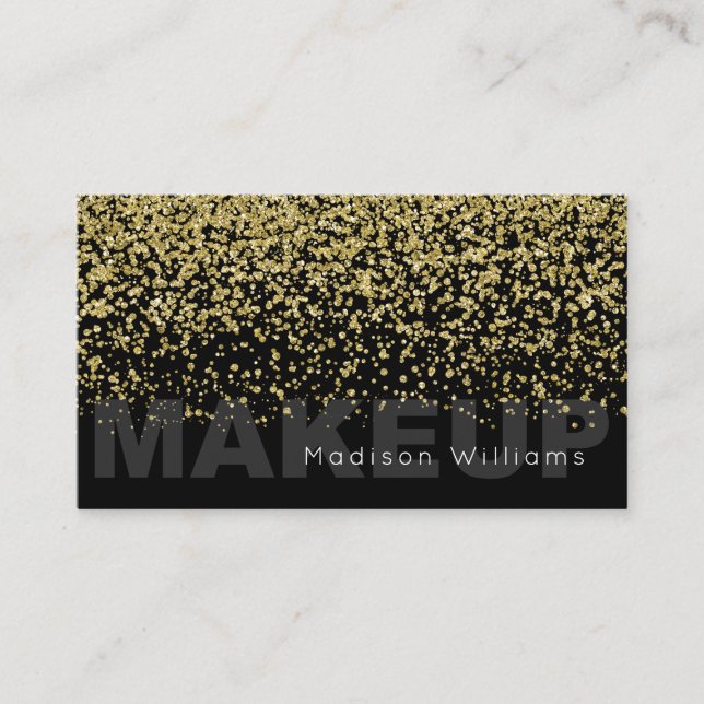 Elegant Black and Gold Glitter Makeup Business Card (Front)