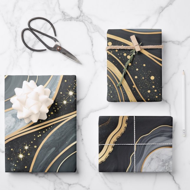 Elegant Black and Gold Glitter Marble Patterns Wrapping Paper Sheet (Front)