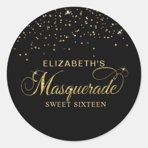 Elegant Black and Gold Glitter Masquerade Party Classic Round Sticker