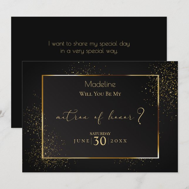 Elegant Black and Gold Glitter Matron of Honour Invitation (Front/Back)