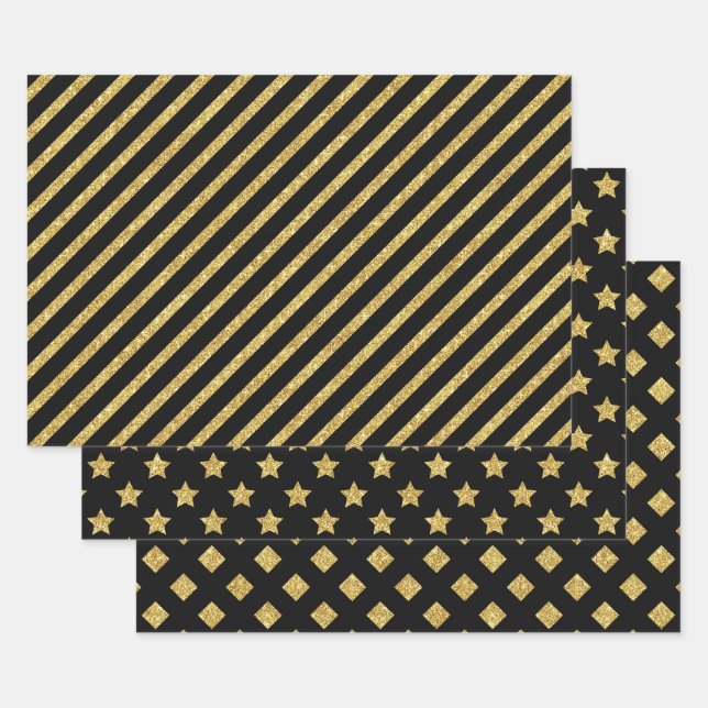 Elegant Black and Gold Glitter Patterns Wrapping Paper Sheet (Set)