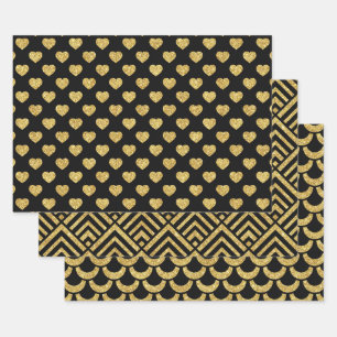 Elegant Black and Gold Glitter Patterns Wrapping Paper Sheet