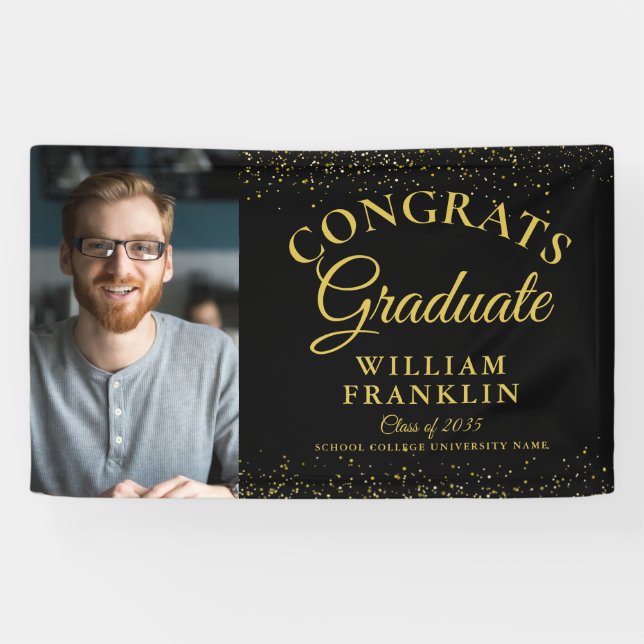Elegant Black And Gold Glitter Photo Graduation Banner (Horizontal)