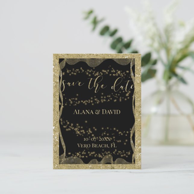 Elegant Black and Gold Glitter Save the Date Announcement Postcard (Standing Front)
