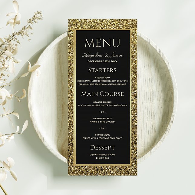 Elegant Black and Gold Glitter Wedding Menu (Creator Uploaded)
