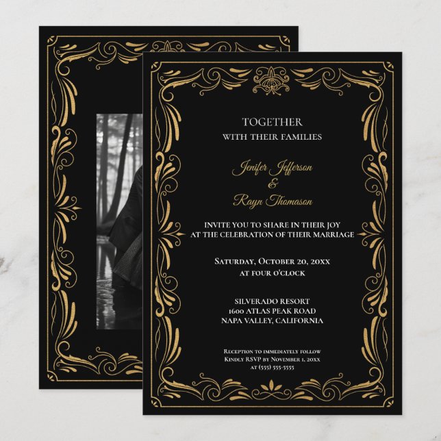 Elegant black and gold Gothic wedding Invitation (Front/Back)