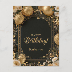 Elegant Black and Gold Happy Birthday with Name Postcard