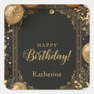 Elegant Black and Gold Happy Birthday with Name Square Sticker