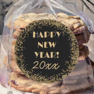 Elegant Black and Gold Happy New Year Classic Round Sticker