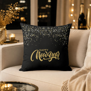Elegant Black and Gold Happy New Year Cushion