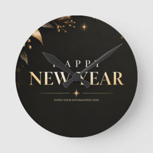 Elegant Black and Gold Happy New Year Greeting Round Clock