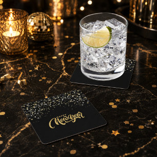 Elegant Black and Gold Happy New Year Square Paper Coaster