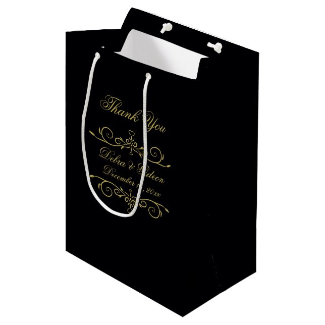 Elegant Black and Gold Heart Flourish Thank You Medium Gift Bag (Front Angled)