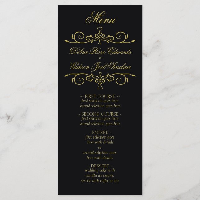 Elegant Black and Gold Heart Flourish Wedding Menu (Front)